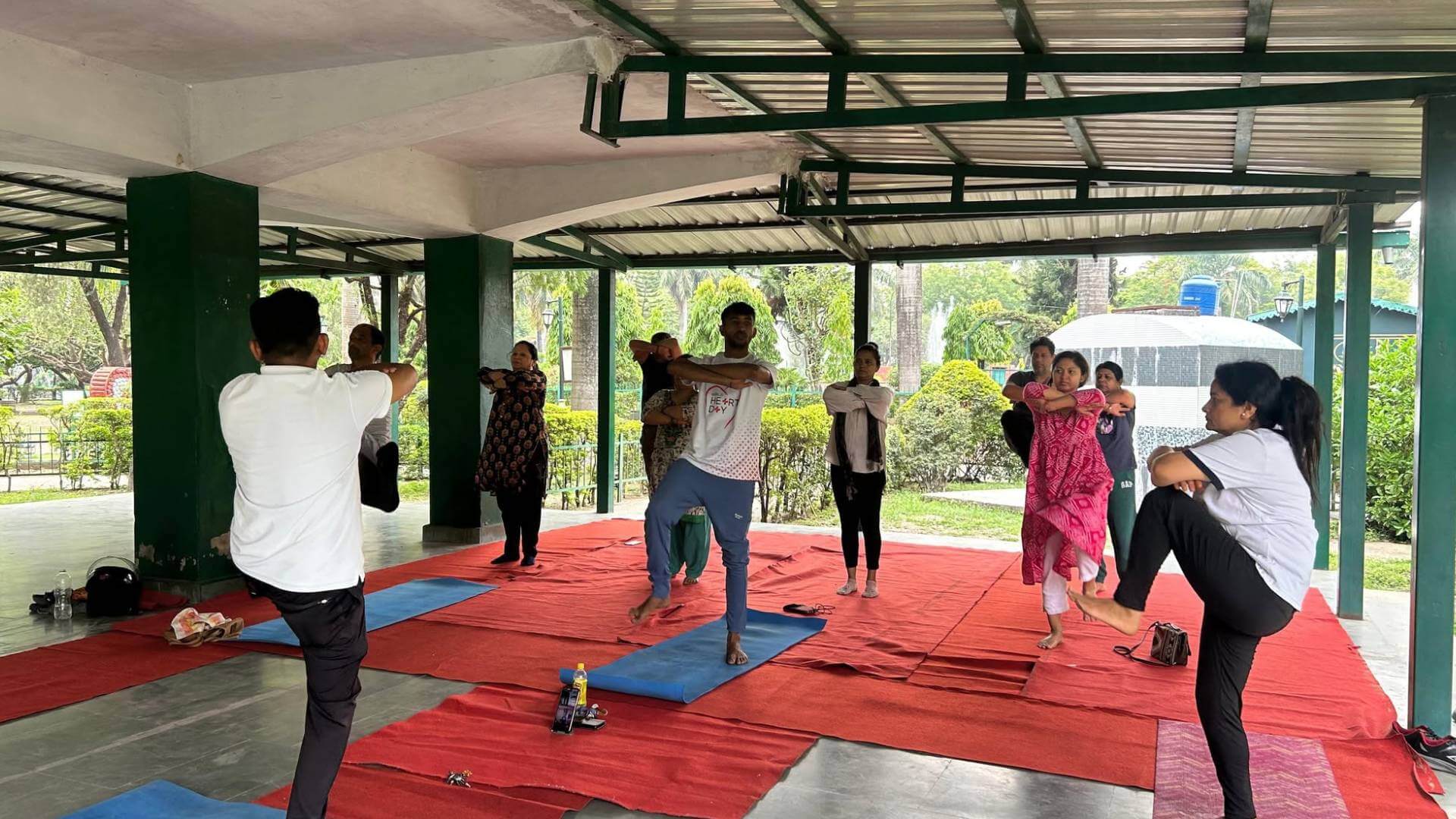 Group yoga class practising together